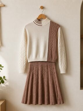 Knit Cable Midi Skirt in Taupe